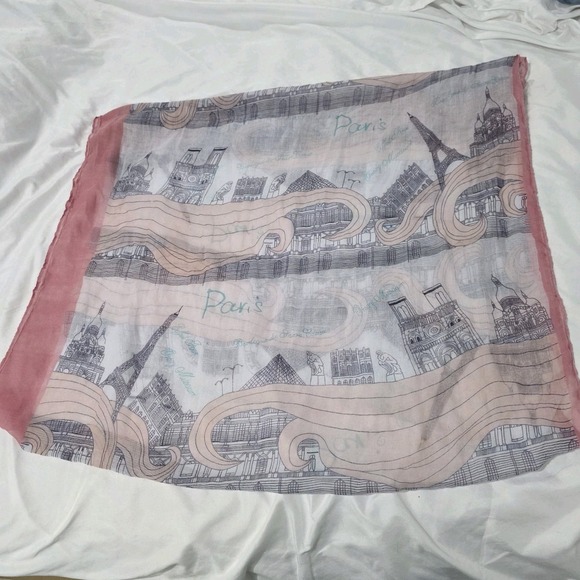 Accessories - Womens Paris Scarf Sheer Parisian Luxury Scenic Print Feminine Pink Rectangle